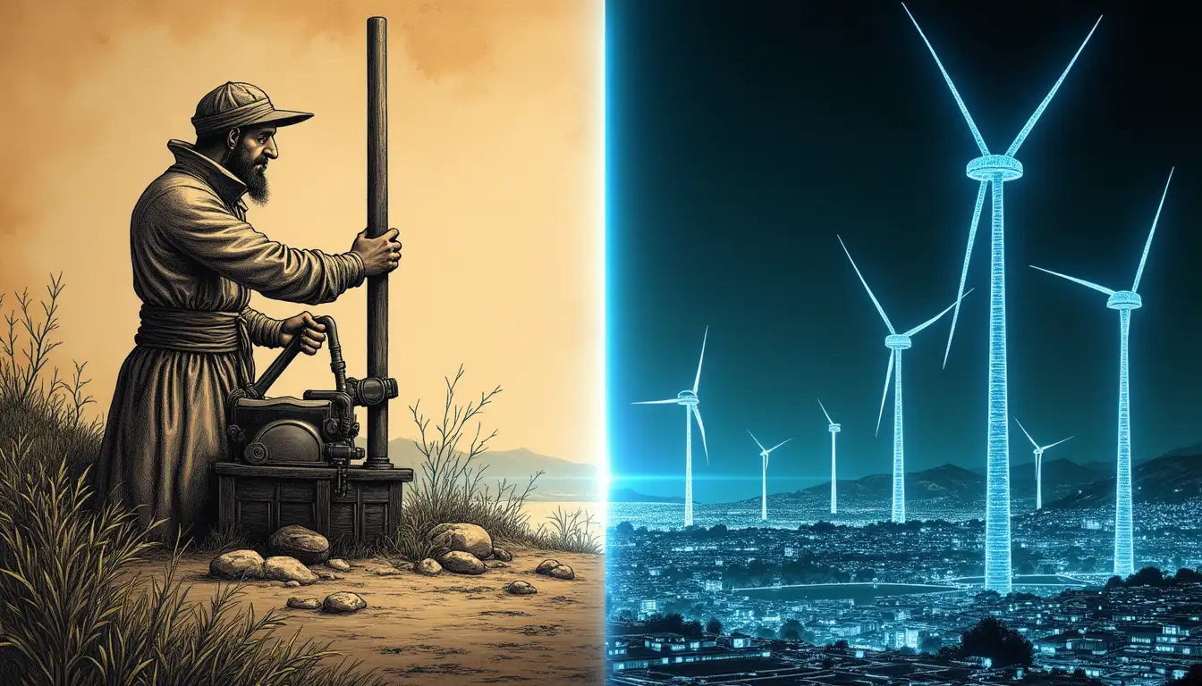 Molino de viento tradicional manchego junto a moderno aerogenerador con sistema de control inteligente