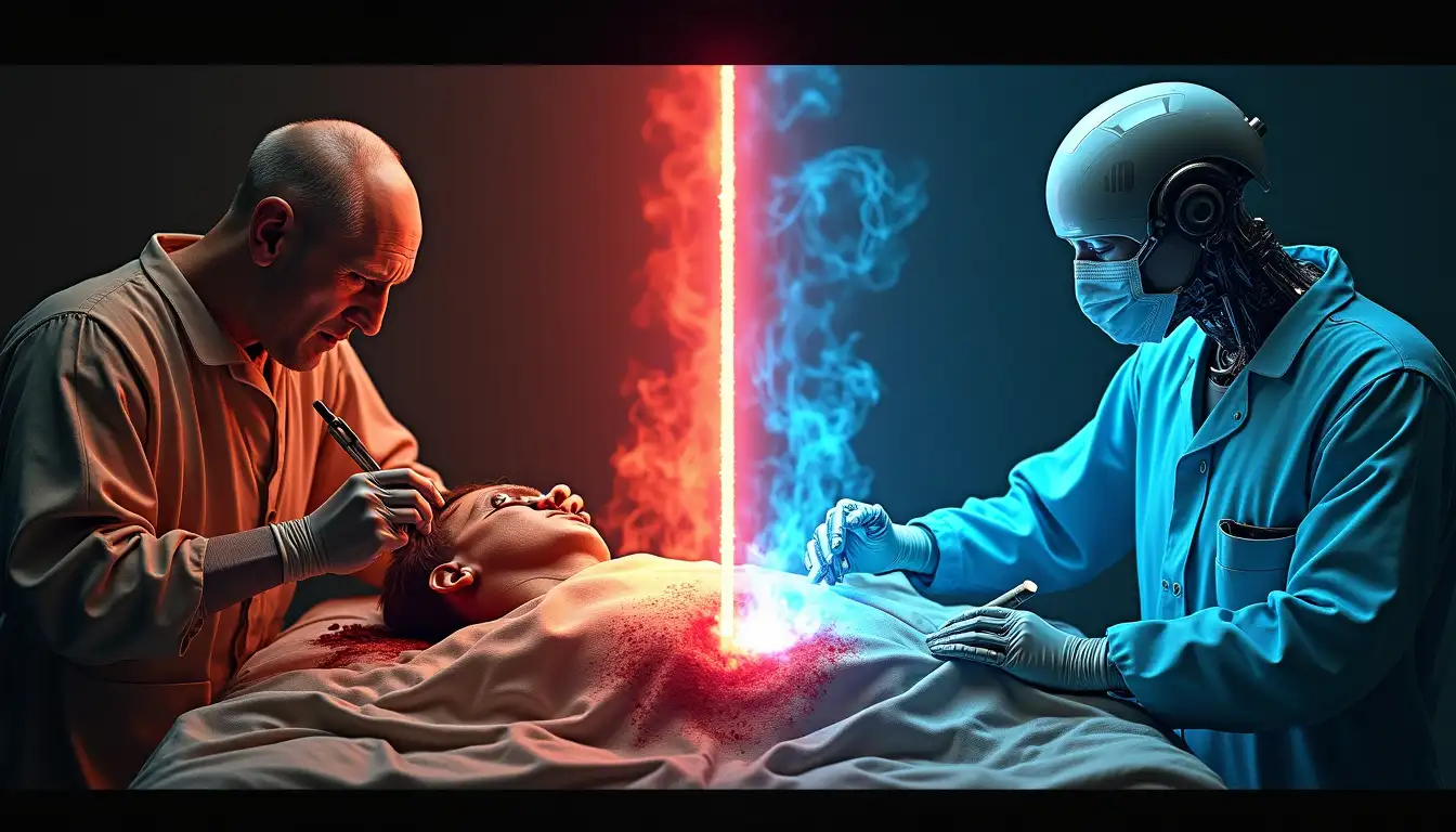 Grabado del siglo XVIII mostrando un médico aplicando moxibustión en la rodilla de un paciente noble, mientras otro observa con un tratado de Buschof en las manos