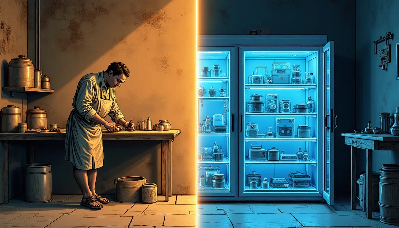 Nevero del siglo XVIII cargando nieve en serones junto a sensores IoT futuristas de temperatura