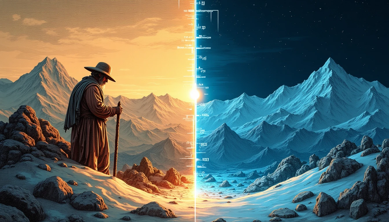 Nevero digital futurista transportando cubos de datos helados desde una montaña pixelada hasta una ciudad de circuitos