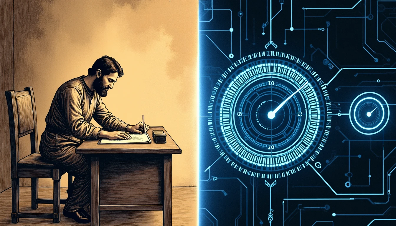 Niño sosteniendo ampolleta de arena junto a moderna torre de telecomunicaciones con relojes atómicos