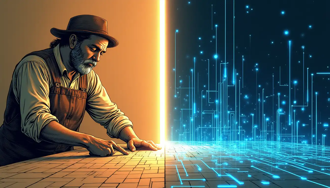 Antiguo taller de picapedrero con cortadora CNC moderna integrando tradición y tecnología