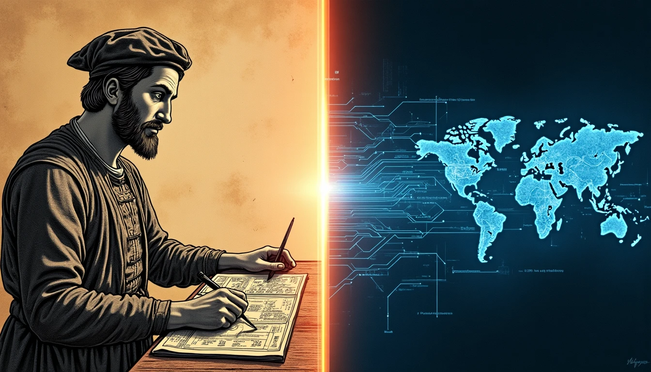 Navegante medieval con astrolabio observando las estrellas junto a pantalla futurista mostrando GPS