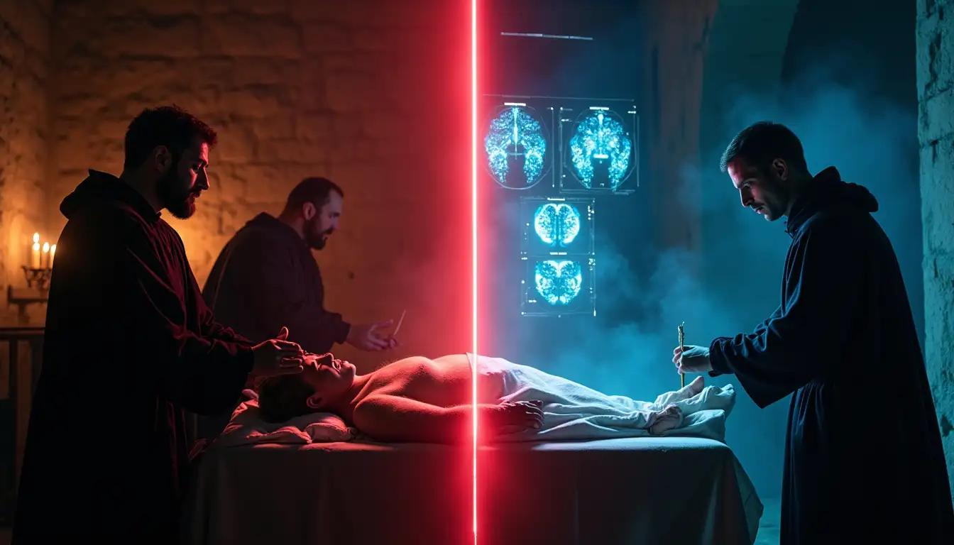 Cráneo medieval con placa de estaño fusionada junto a imagen de resonancia magnética con electrodos de estimulación cerebral profunda