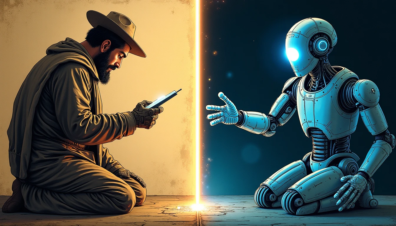 Robot autónomo inspeccionando túnel subterráneo con sensores luminosos y cámaras mientras proyecta datos en pantalla holográfica