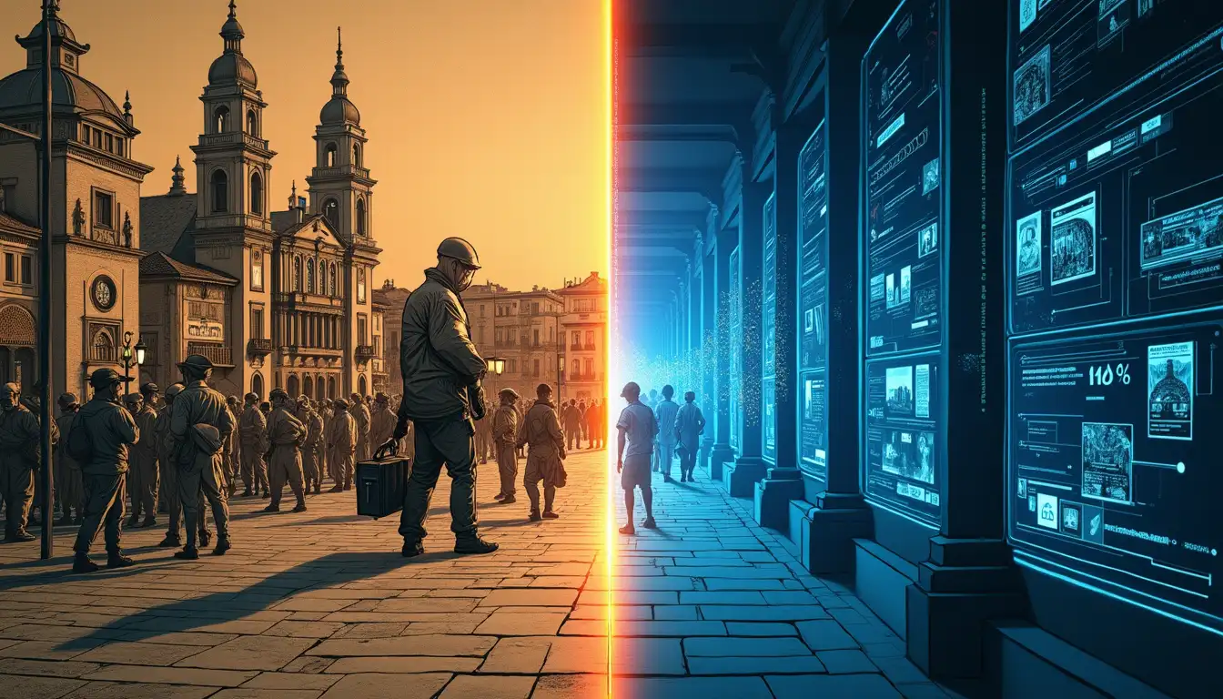 Pregonero medieval con tambor frente a pantallas digitales de alertas municipales IA