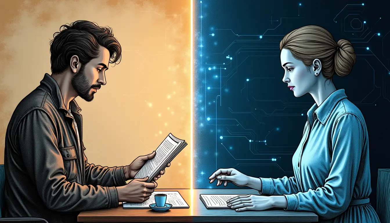 Relator de noticias leyendo periódico en café histórico español con público atento