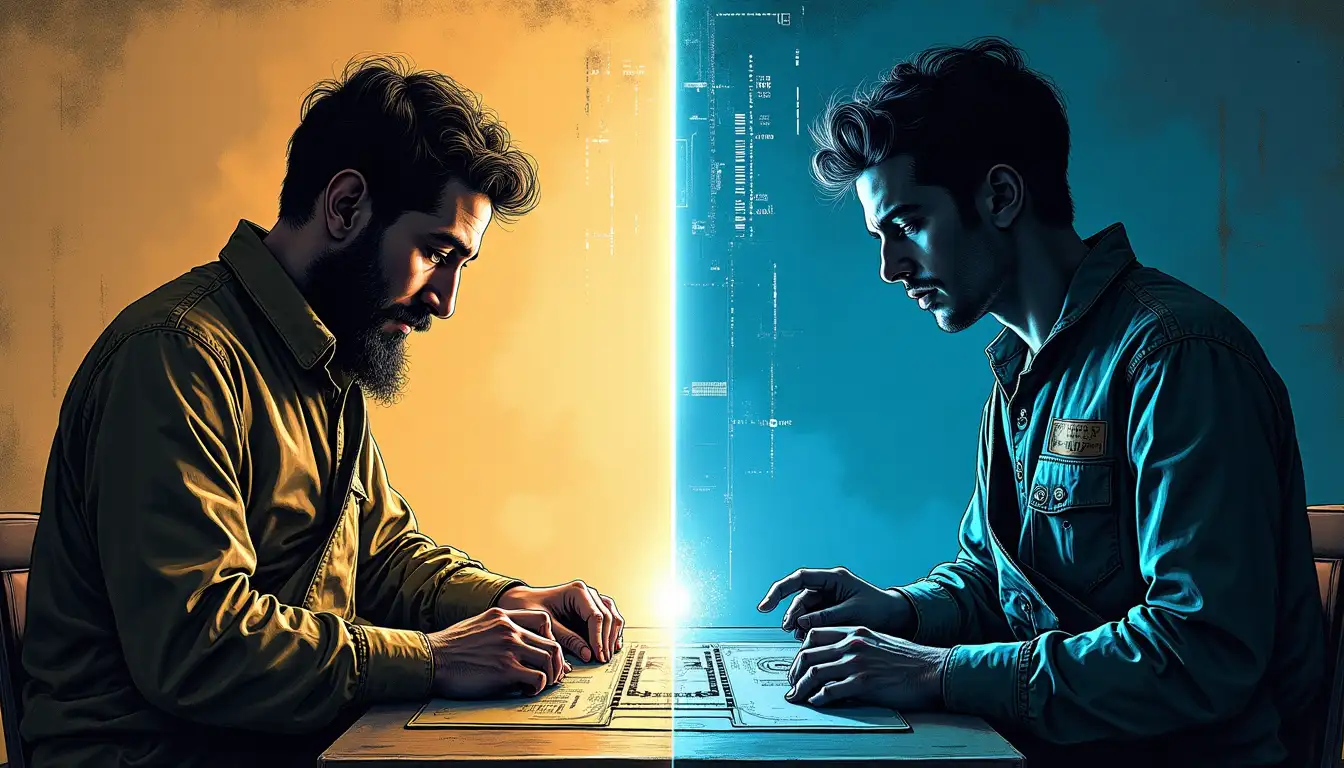 Mecanismo de reloj barroco español con engranajes de precision artesanal versus servidor moderno con sincronizacion atomica global