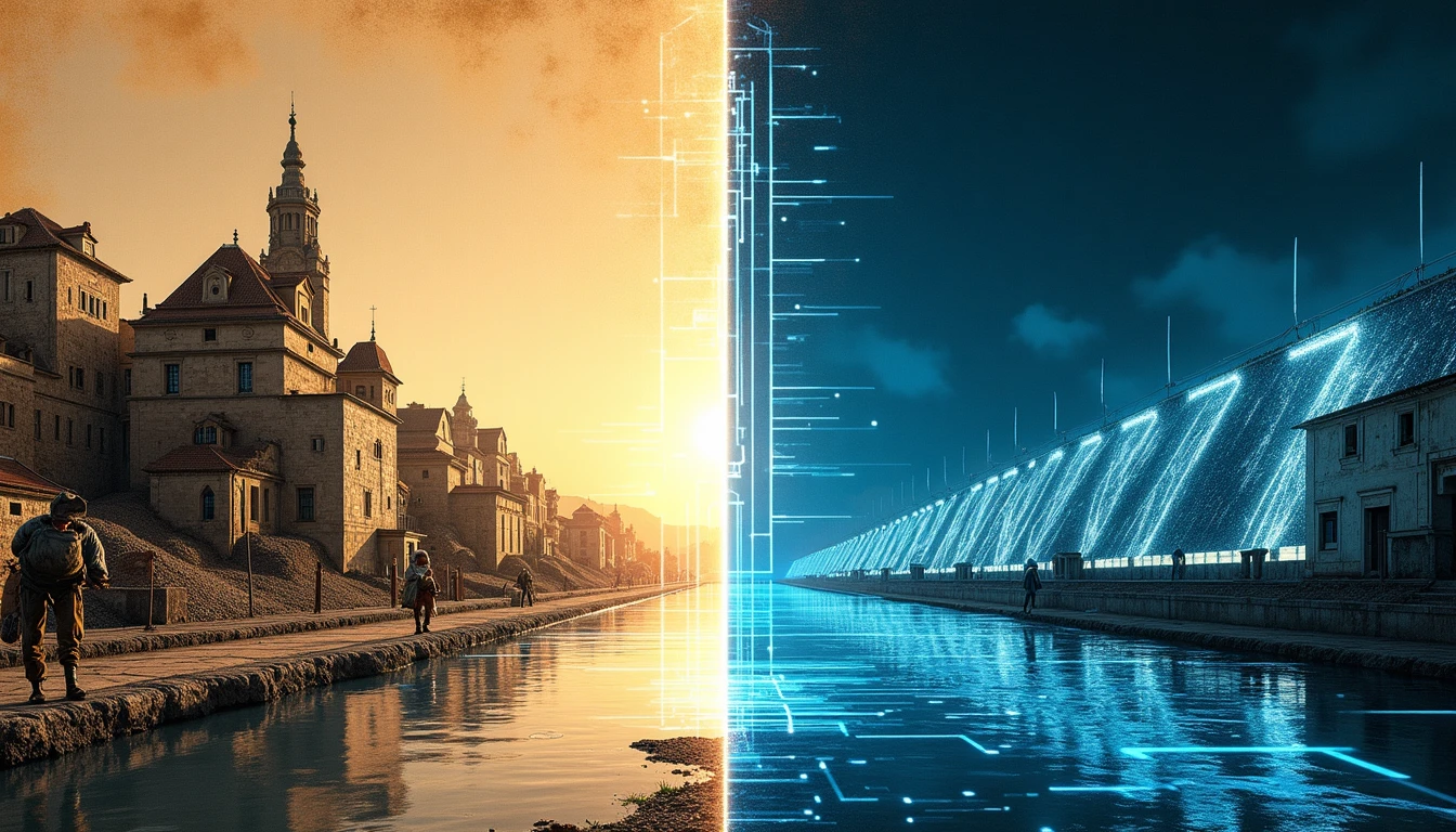 Sistema futurista de sensores automatizados monitorizando estanques de sal con datos holográficos flotando sobre las salinas