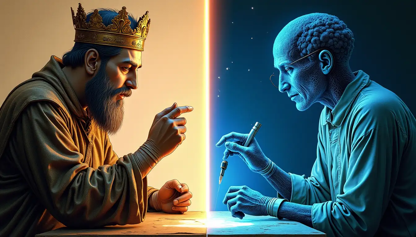 Contraste entre herramientas de sangrador medieval y moderno diagnóstico médico por inteligencia artificial