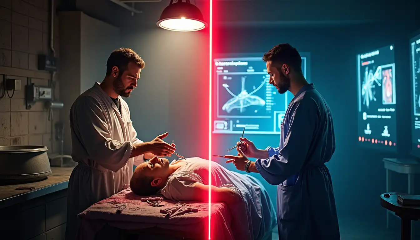 Ilustración comparativa: a la izquierda, un barbero medieval sangrando a un paciente con lanceta; a la derecha, un robot médico analizando una muestra de sangre con microscopio digital y pantalla de IA mostrando resultados