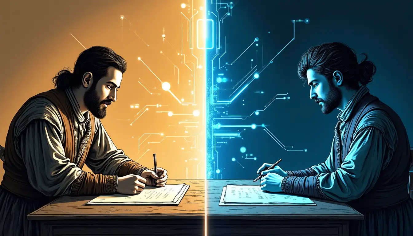 Secretario con pluma escribiendo cartas junto a pantalla con asistente IA moderno procesando correspondencia