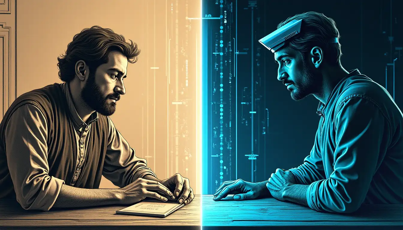 Sereno nocturno con farol patrullando calle adoquinada junto a moderna cámara de seguridad con IA