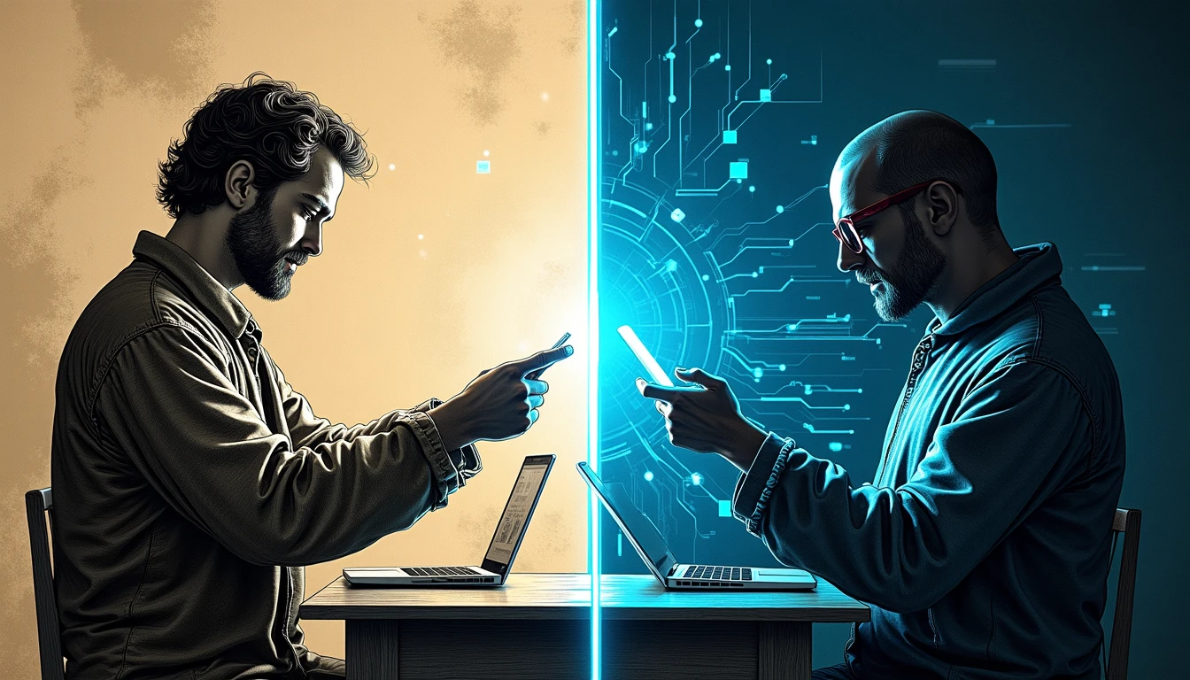 Vigilante nocturno del siglo XVIII con farol y bastón patrullando calles iluminadas por inteligencia artificial futurista