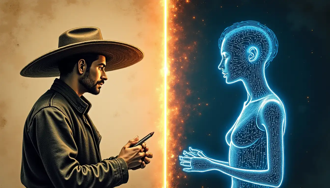 Taller futurista donde robots diseñan sombreros vintage usando hologramas y vapor digital