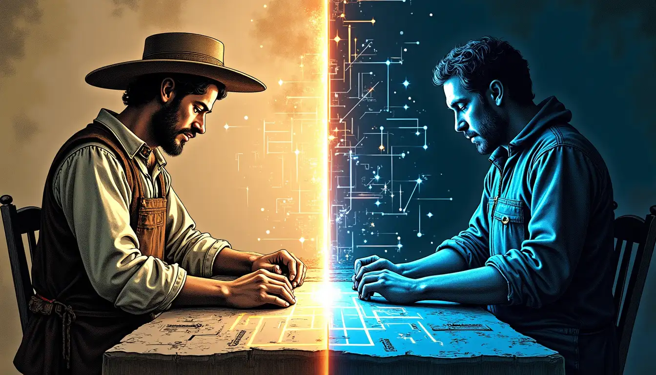 Telar medieval de madera junto a moderno telar automático controlado por inteligencia artificial