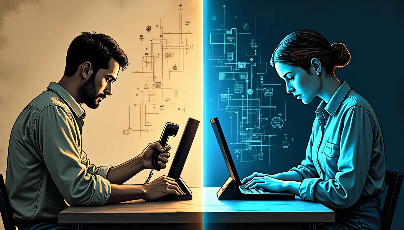 Central telefónica futurista con hologramas de IA procesando llamadas automáticamente