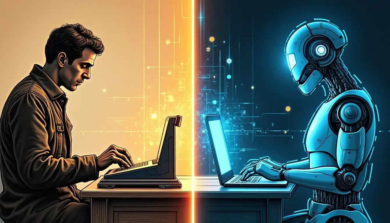 Telegrafista del futuro operando una consola holográfica mientras códigos digitales flotan en el aire