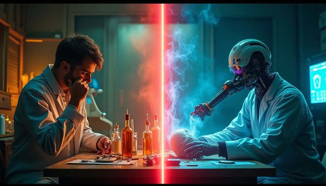 Ilustración victoriana de una mujer con corsé junto a una tenia de 8 metros desenrollada, contrastada con una pantalla de IA mostrando un plan nutricional personalizado