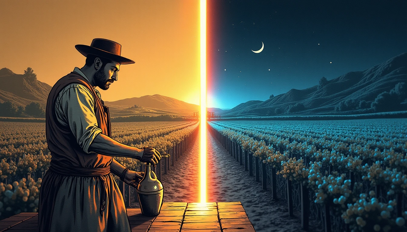 Tonelero tradicional trabajando con azuela junto a sensores IoT modernos en barrica de roble