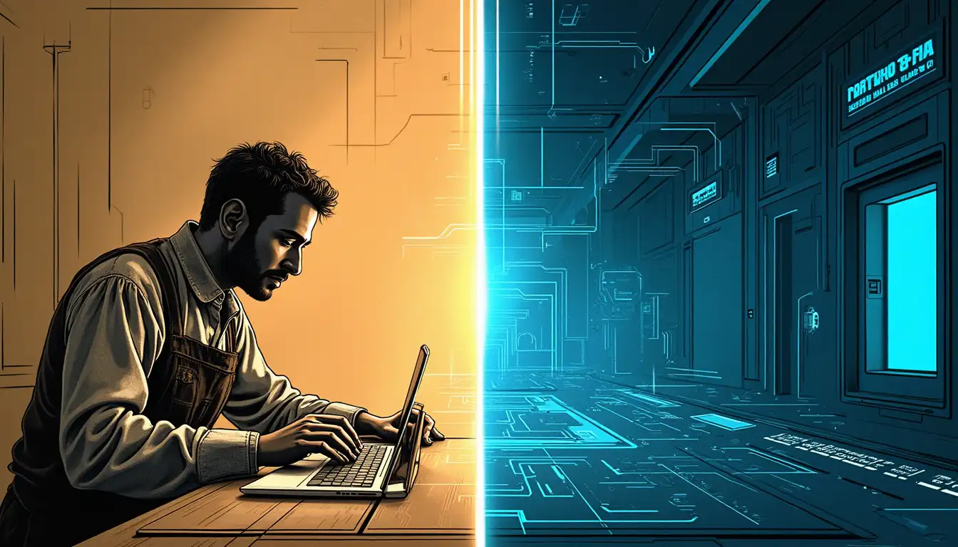 Robot futurista clasificando materiales reciclables en nave industrial automatizada