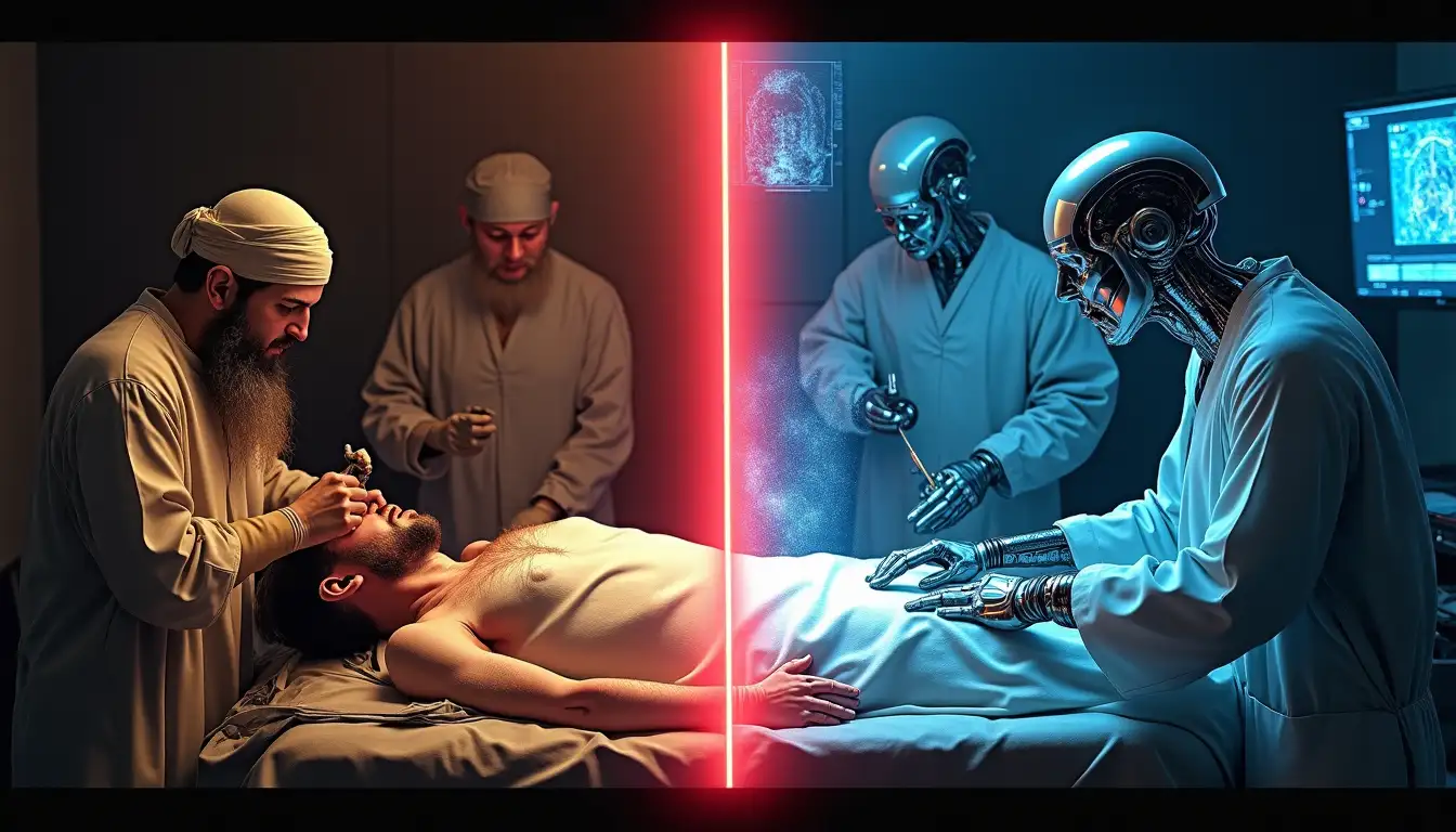 Cráneo medieval trepanado junto a resonancia magnética moderna mostrando actividad cerebral