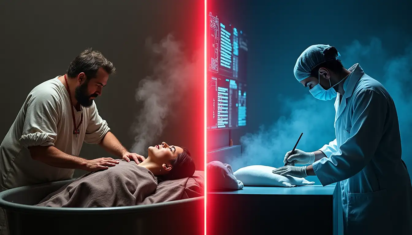 Médico del siglo XIX aplicando un tapón de cera en la nariz de un paciente tuberculoso, junto a una radiografía moderna analizada por IA