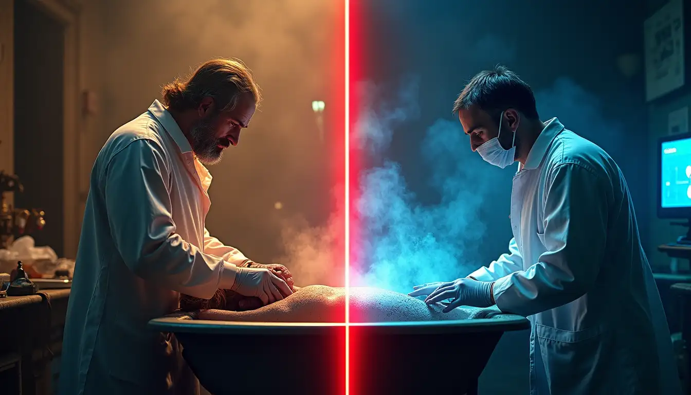 Médico medieval analizando orina en un matraz junto a una máquina de IA moderna analizando una muestra